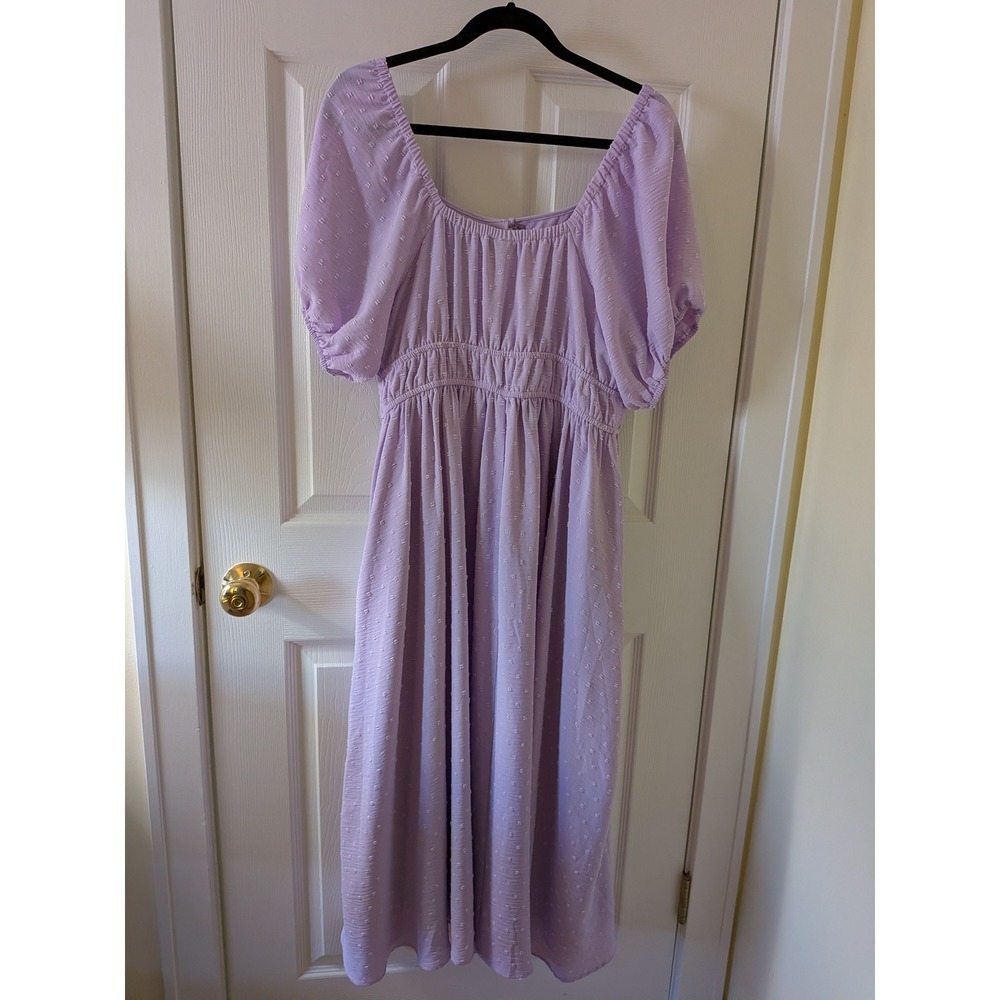 Torrid Lavender Clip Dot Midi Dress Square Neck Smocked Waist 2 Pockets Size 0 - Picture 8 of 9